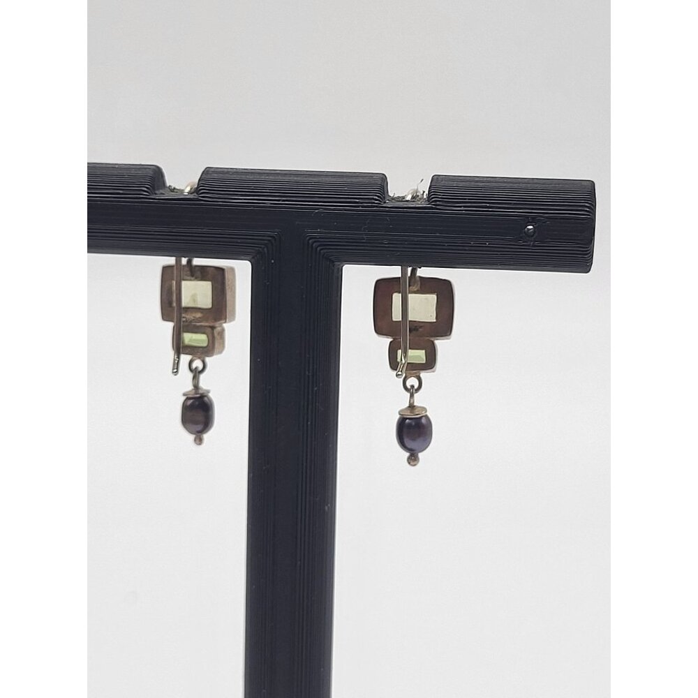 VTG 925 Sterling Silver Earrings Dangle Drop Green Gemstones Pearl Dainty - Picture 5 of 8